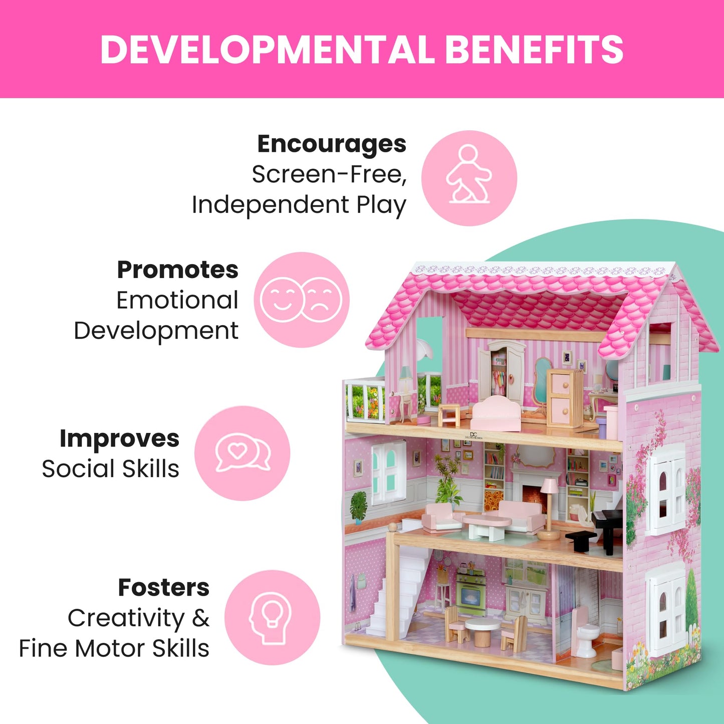 Delta Children Little Gem Dollhouse - 3-Story Dollhouse with 4 Rooms - Includes 16 Accessories - Fits 5-inch Dolls - Pretend Play Dream Gift for Ages