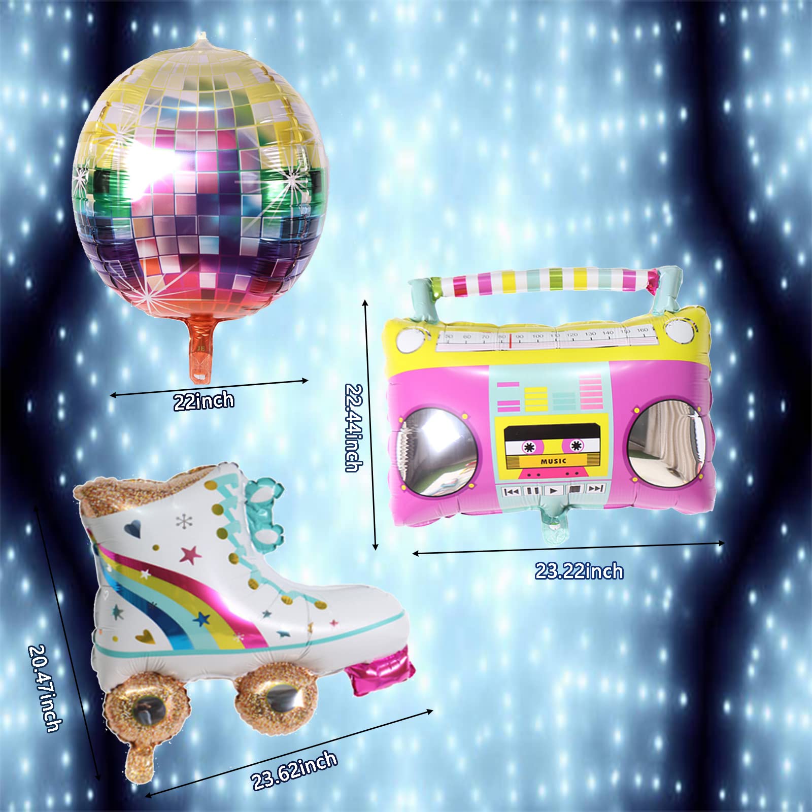 Timisea 10 PCS Rainbow Roller Skate Balloons Boom Box Balloon,22 Inch Round Color Foil Balloons, 4D Laser Disco Foil Balloons 80s 90s Retro Theme Hip