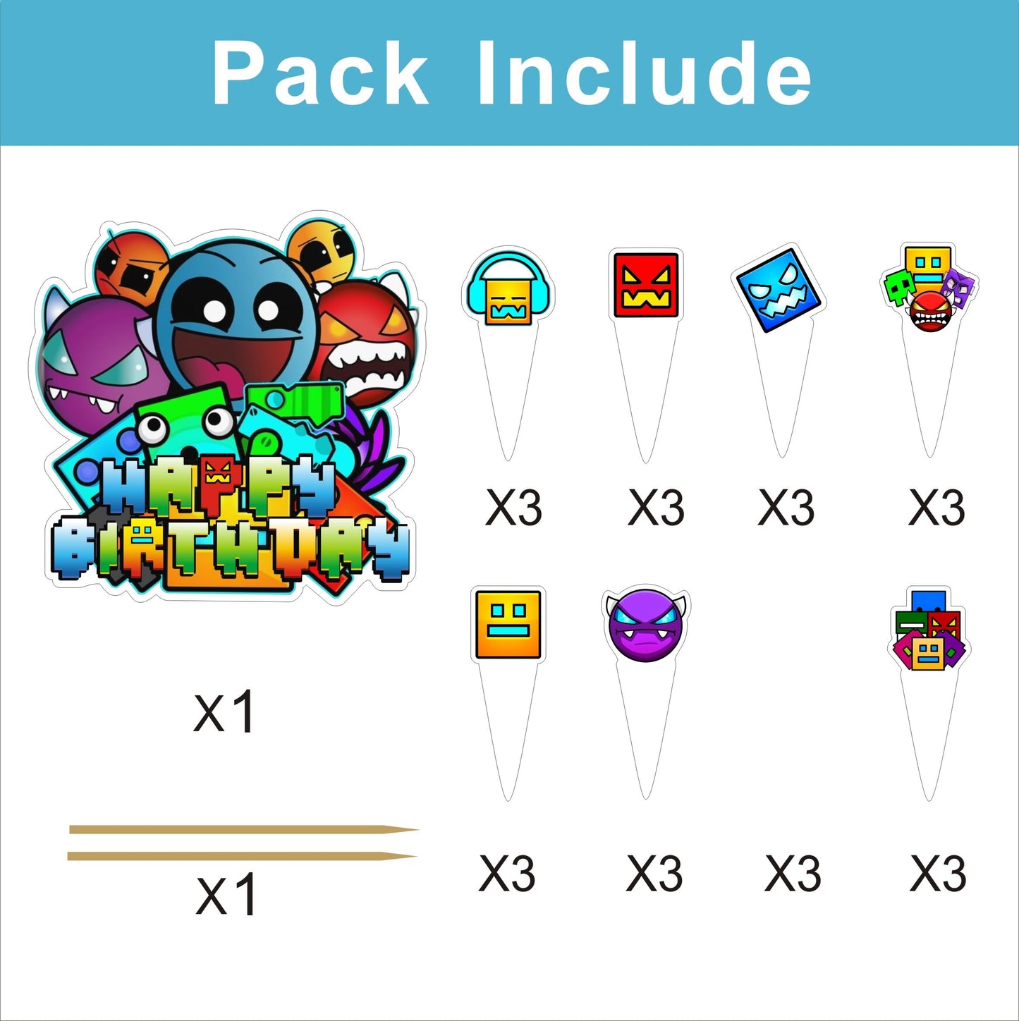 25pcs Cartoon For Geometry Aesthetic Dash Birthday Decorations with 24pcs Cupcake Toppers, 1pcs Cake Topper for Birthday Party Supplies.