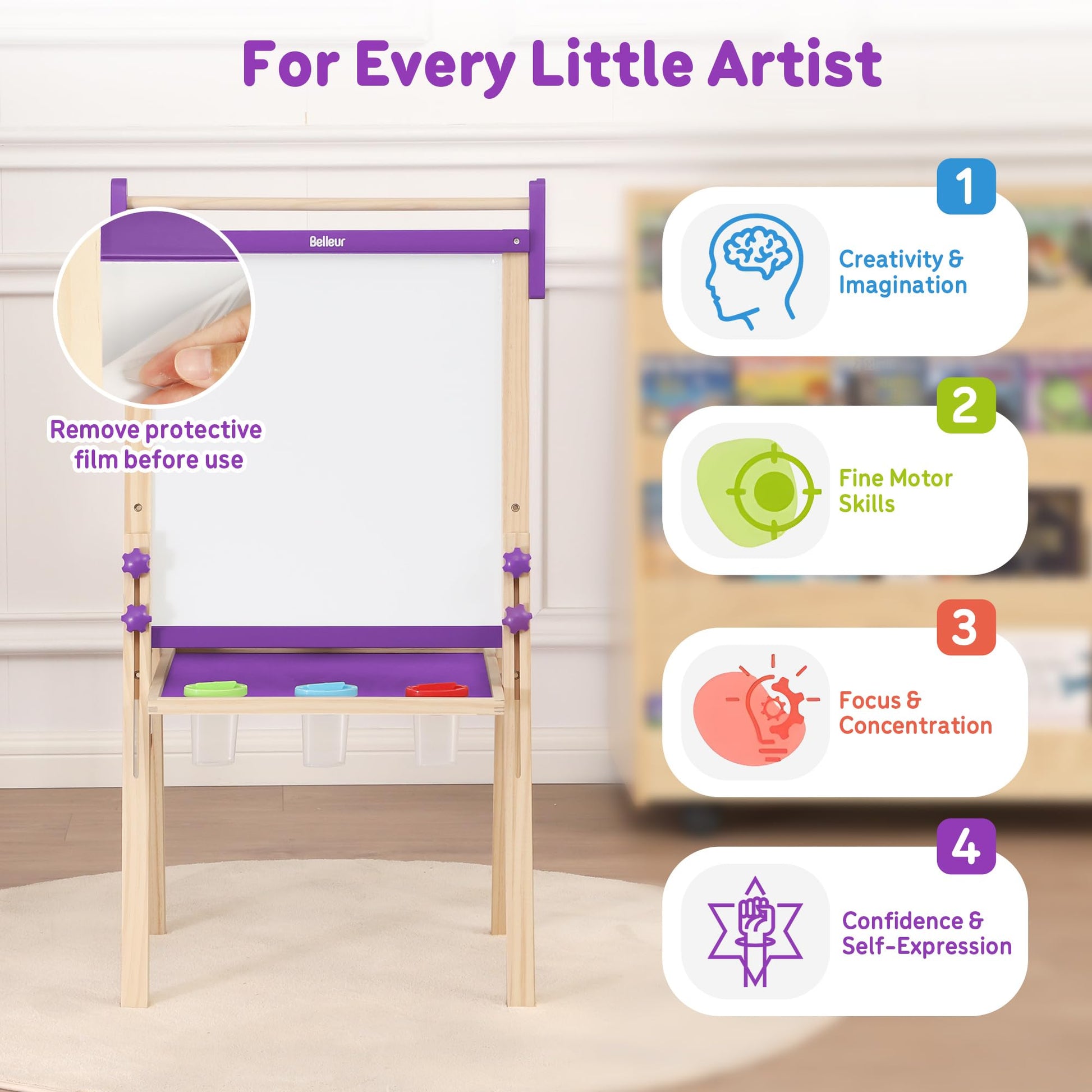 Belleur Wooden Art Easel for Kids 2+, Adjustable Double Sided Easel for Toddlers with Dry-Erase Board & Magnetic Whiteboard & Paper Roll Rod, 28"-40"