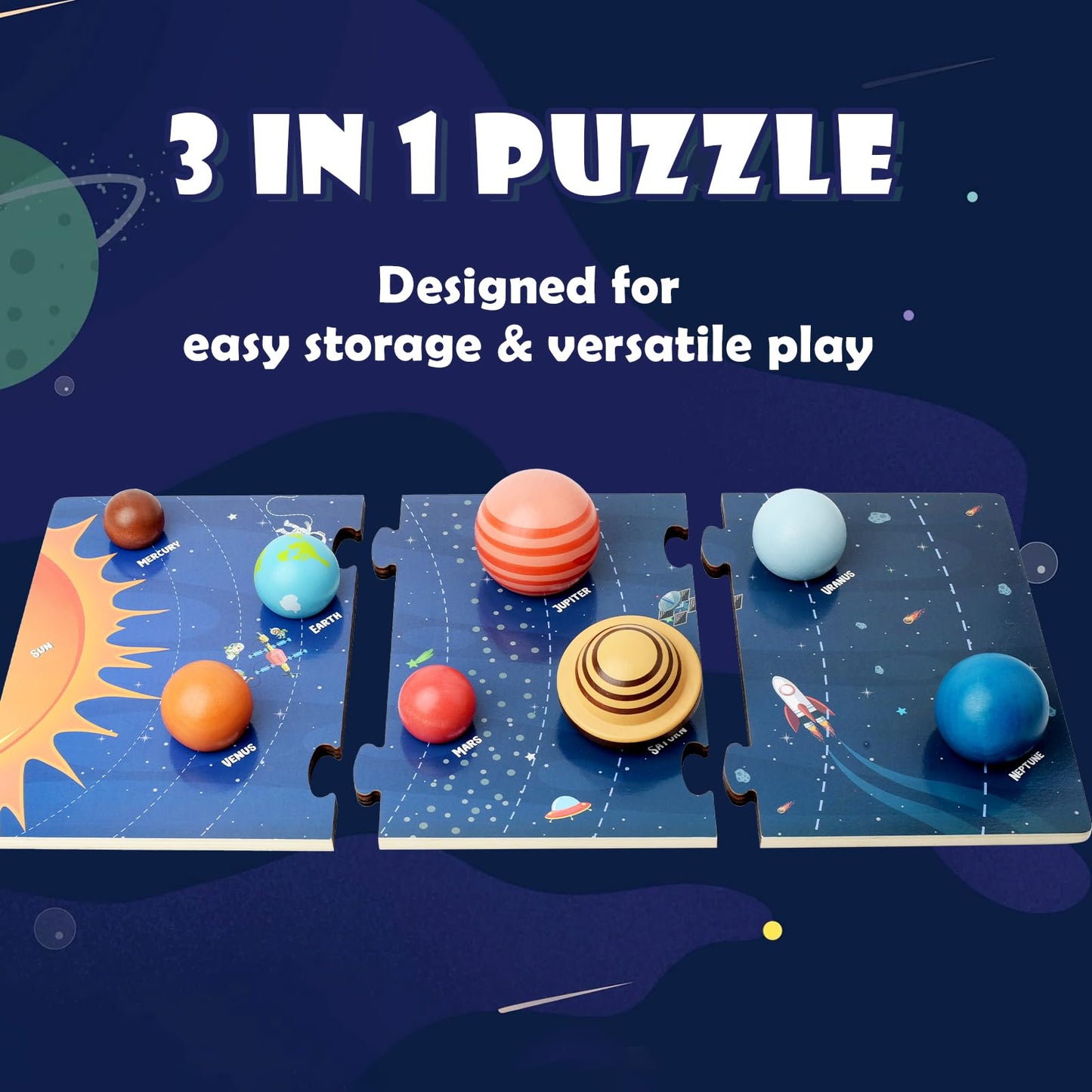 Wooden Solar System Model Board, Montessori Toys Planets Puzzle Science STEM Space Learning for Kids 4-8 with 3D Planets Models, Prechool Educational
