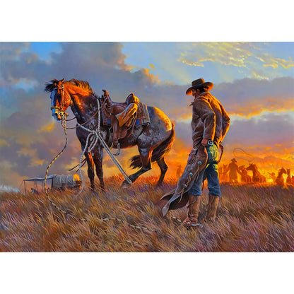 najiaxiaowu Wooden 1000 Pieces Jigsaw Puzzles for Adults, Elderly or Kids, Western Cowboy Rider Prairie Wind Flower Puzzle for Family Parent-Child