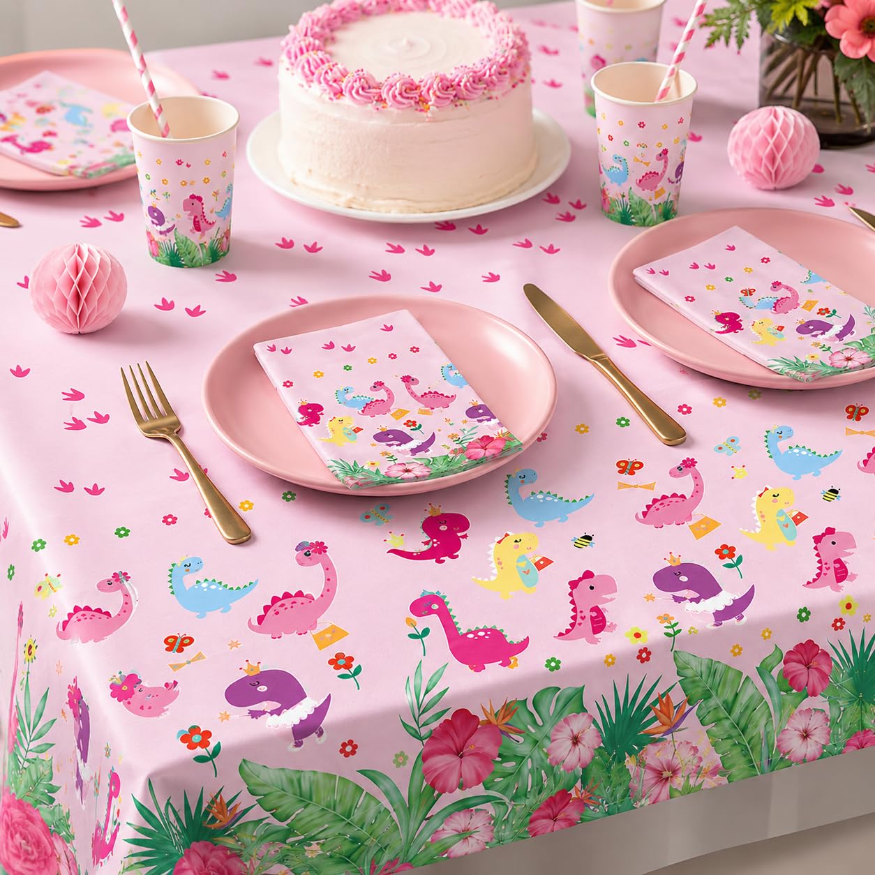Miruwtog Dinosaur Birthday Party Supplies for Girls - Dinosaur Tablecloth, Decorations in Pink