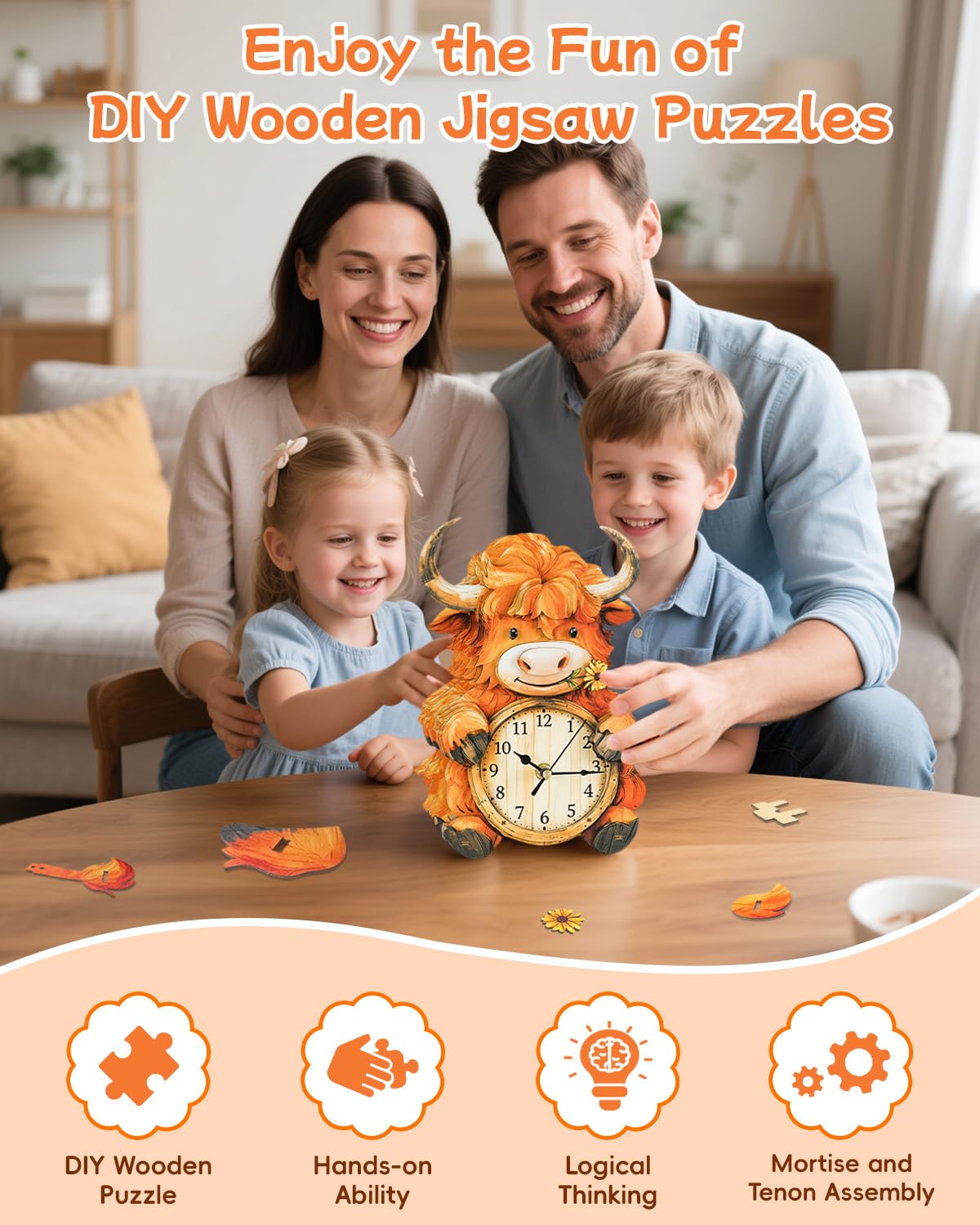Rnfinewow 3D Puzzles for Adults, Highland Cow Clock Kit with Pendulum, 3D Wooden Puzzles Model Kit Home Decor DIY Wall Clock Highland Cow Puzzle