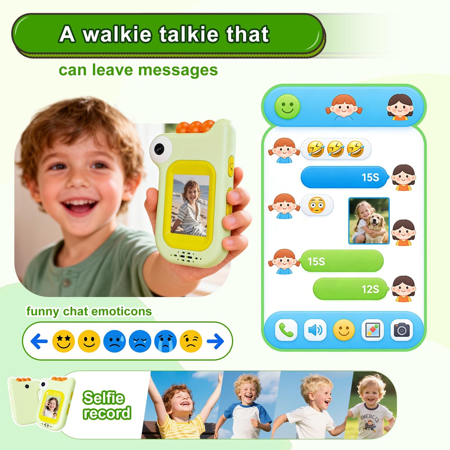 Dinosaur Video Walkie Talkies for Kids with 6 Voice Effects, Support Send Voice, Pictures, Emojis, and Selfies, Upgraded Front and Rear Cameras,Gifts