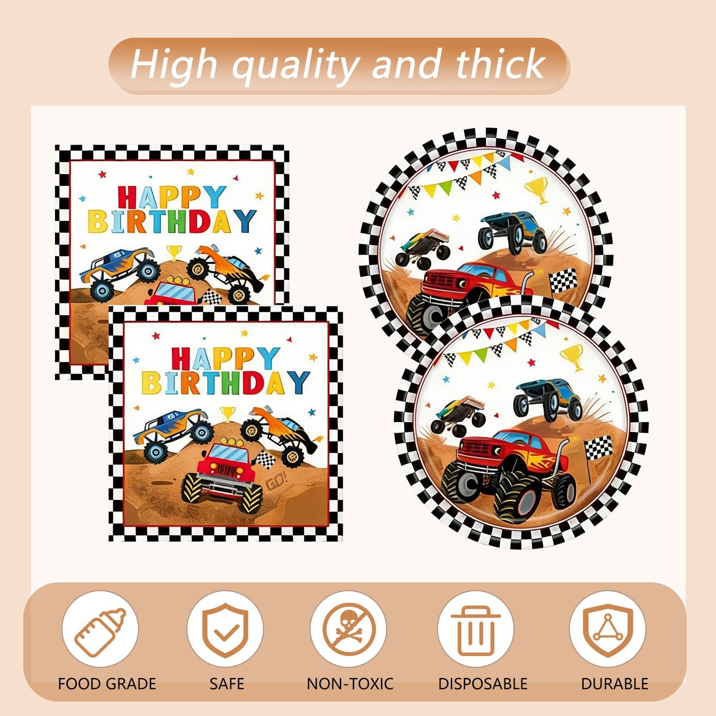 Monster Truck Birthday Decorations, 41Pcs Fun Monster Truck Party Supplies Tableware Include Kids Birthday Paper Plates Napkins and Tablecloths Set