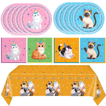 41Pcs Pet Cat Birthday Party Decorations,Colorful Kitten Birthday Plates and Napkins,Cat Party Table Covers Disposable Pet Dinnerware Decor Set