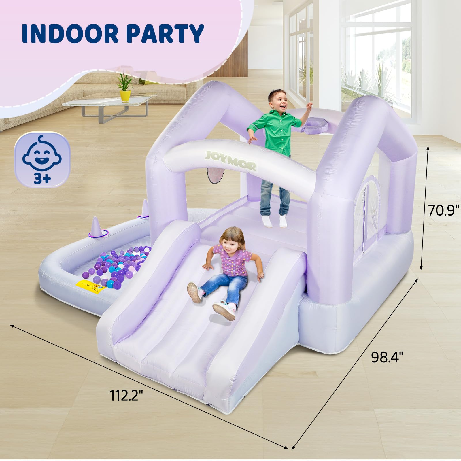 (2026 New) JOYMOR 6 in 1 Grandient Style Inflatable Bounce House for Ages 3-6 w/Ball Pit, Ring-Toss Game, Basketball Hoop and Slide, Bounce House