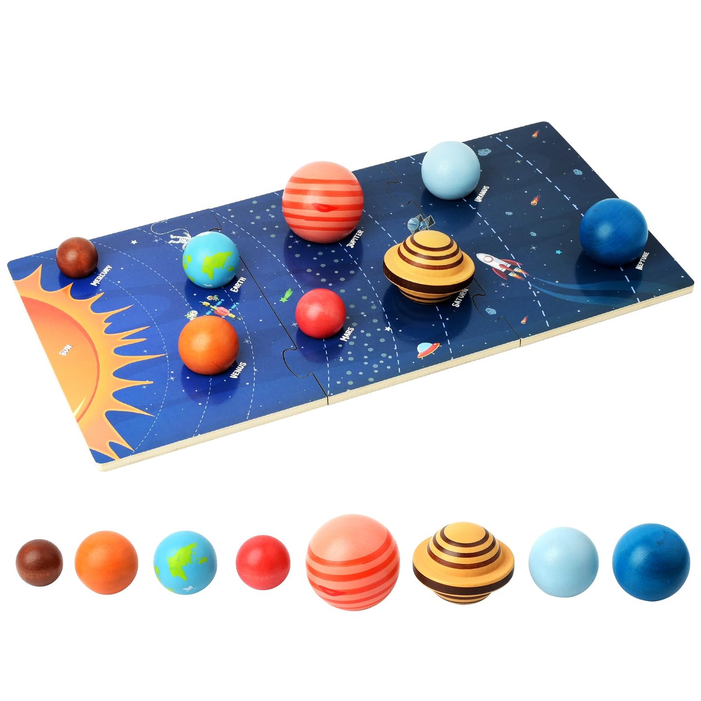 Wooden Solar System Model Board, Montessori Toys Planets Puzzle Science STEM Space Learning for Kids 4-8 with 3D Planets Models, Prechool Educational