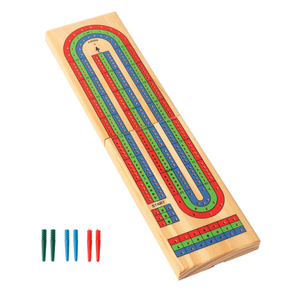 GSE Games & Sports Expert Wooden Folding 3-Track Color Coded Travel Cribbage Board with 6 Plastic Pegs, Wooden Travel Portable Cribbage Board Game Set