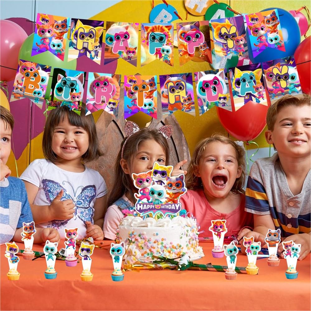 Super Cats Birthday Decorations, Super Cats Party Supplies Include Happy Birthday Banner, Cake Topper and Cupcake Toppers, Balloons for Kids Party
