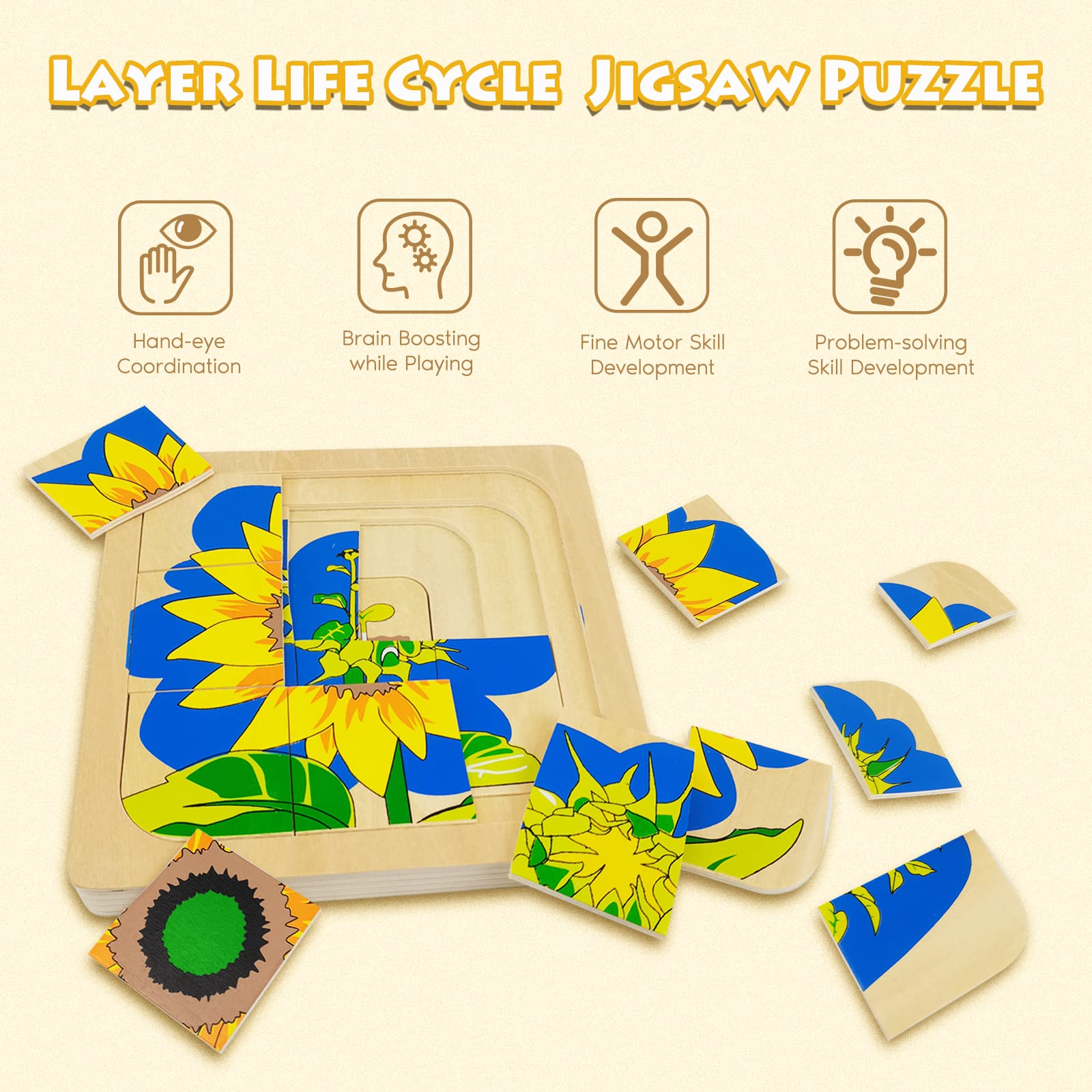 Montessori Wooden Puzzles for Kids Ages 4-8, 4 Layer Life Cycle Of Sunflower Jigsaw Puzzle for Toddlers, Children Preschool Learning Educational