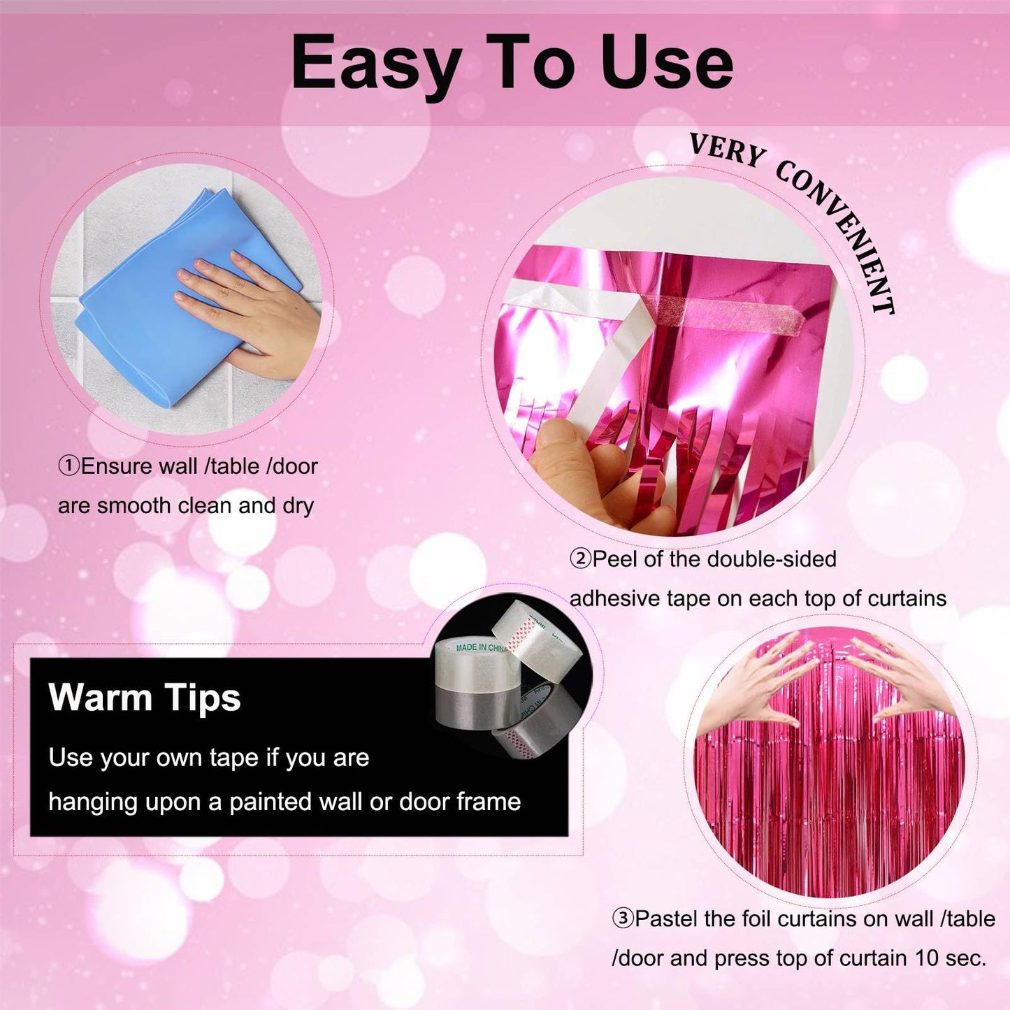 EUFARS Valentine's Day Party Decorations, 3 Pack 3.2x8.2ft Hot Pink Metallic Foil Fringe Curtain Streamer Backdrop for Bachelorette Birthday Party