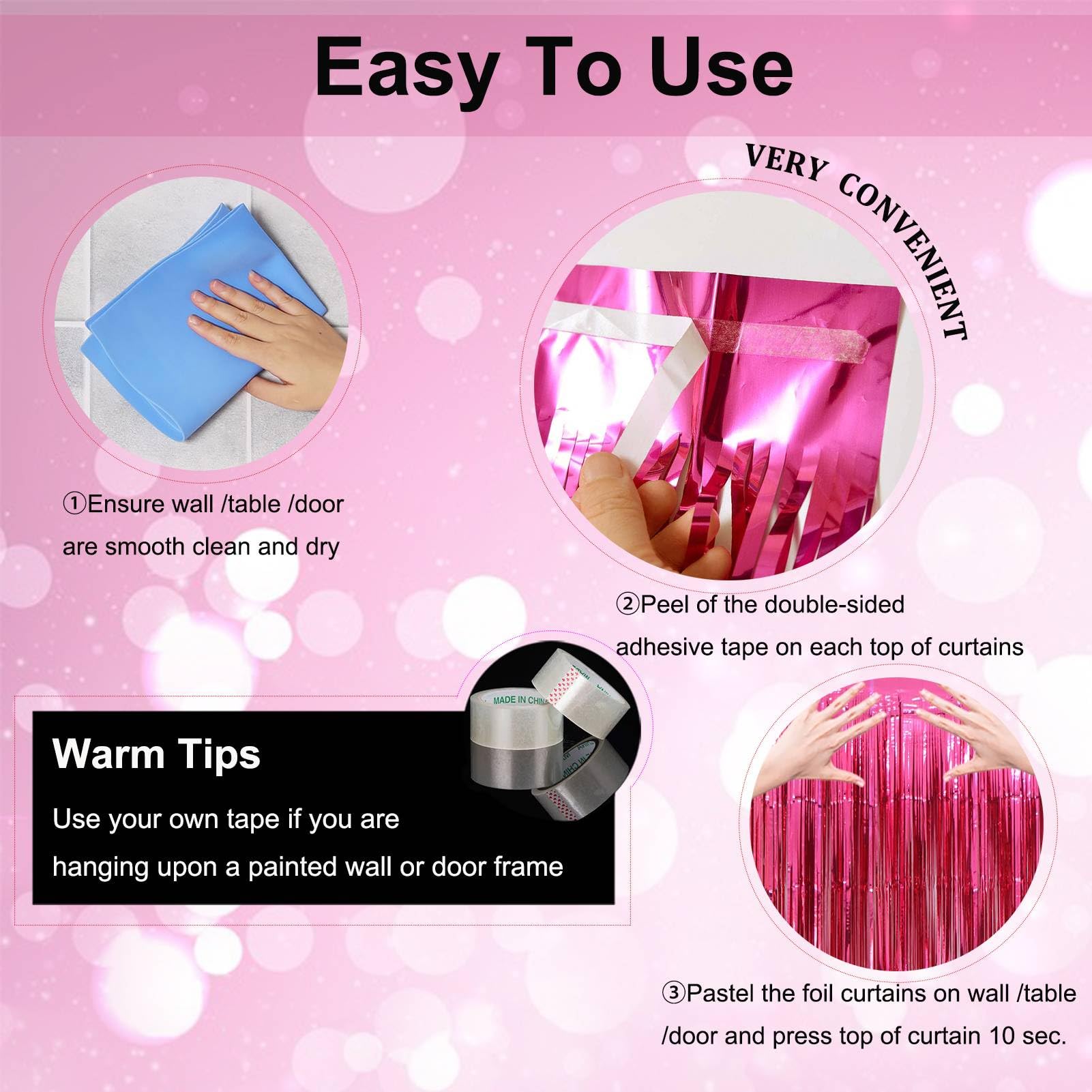 EUFARS Valentine's Day Party Decorations, 3 Pack 3.2x8.2ft Hot Pink Metallic Foil Fringe Curtain Streamer Backdrop for Bachelorette Birthday Party