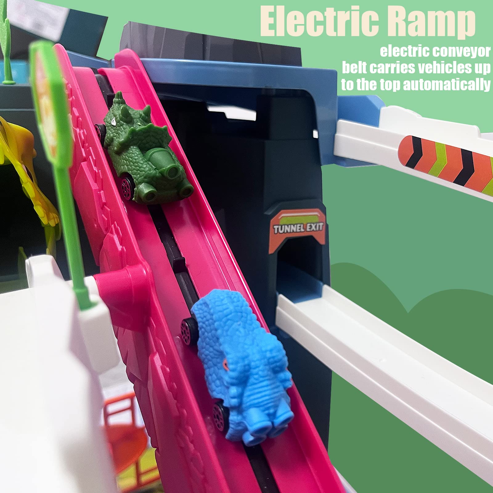 Juqic Children's Toy Car Ramp Track Dinosaur Spray Hills Adventure Railcar Slot Car Vehicle Race Play Set with 20 Mini Cars for Preschool Boys Puzzles