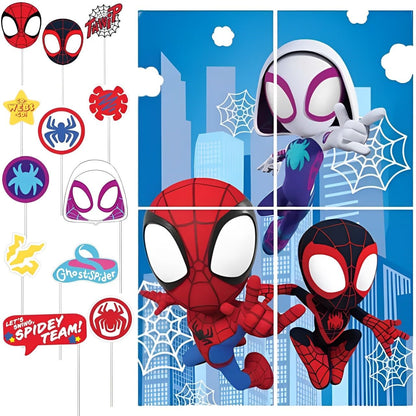 Party Scene Setter with Props - 40" x 27.5" | 1 Set of 16 Pcs, Spidey & His Amazing Friends