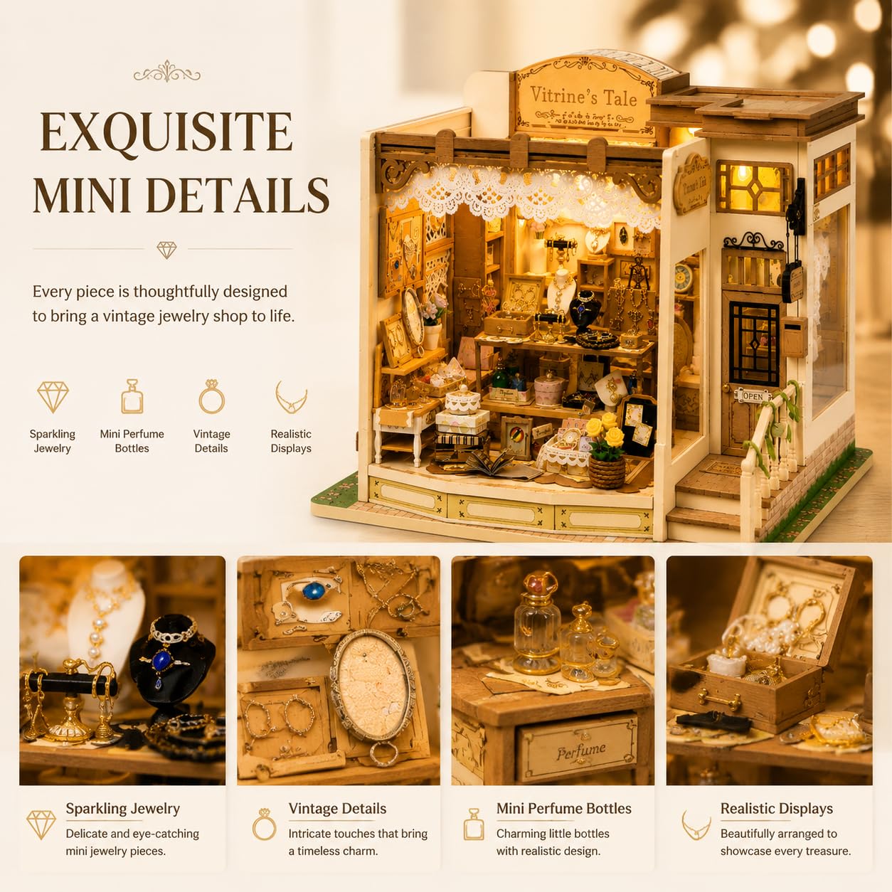 DIY Miniature House Kit, 428 PCS Jewelry Shop DIY Book Nook Kit with LED, 3D Wooden Puzzle Miniature Doll House Kit for Arts and Crafts Decor - Unique