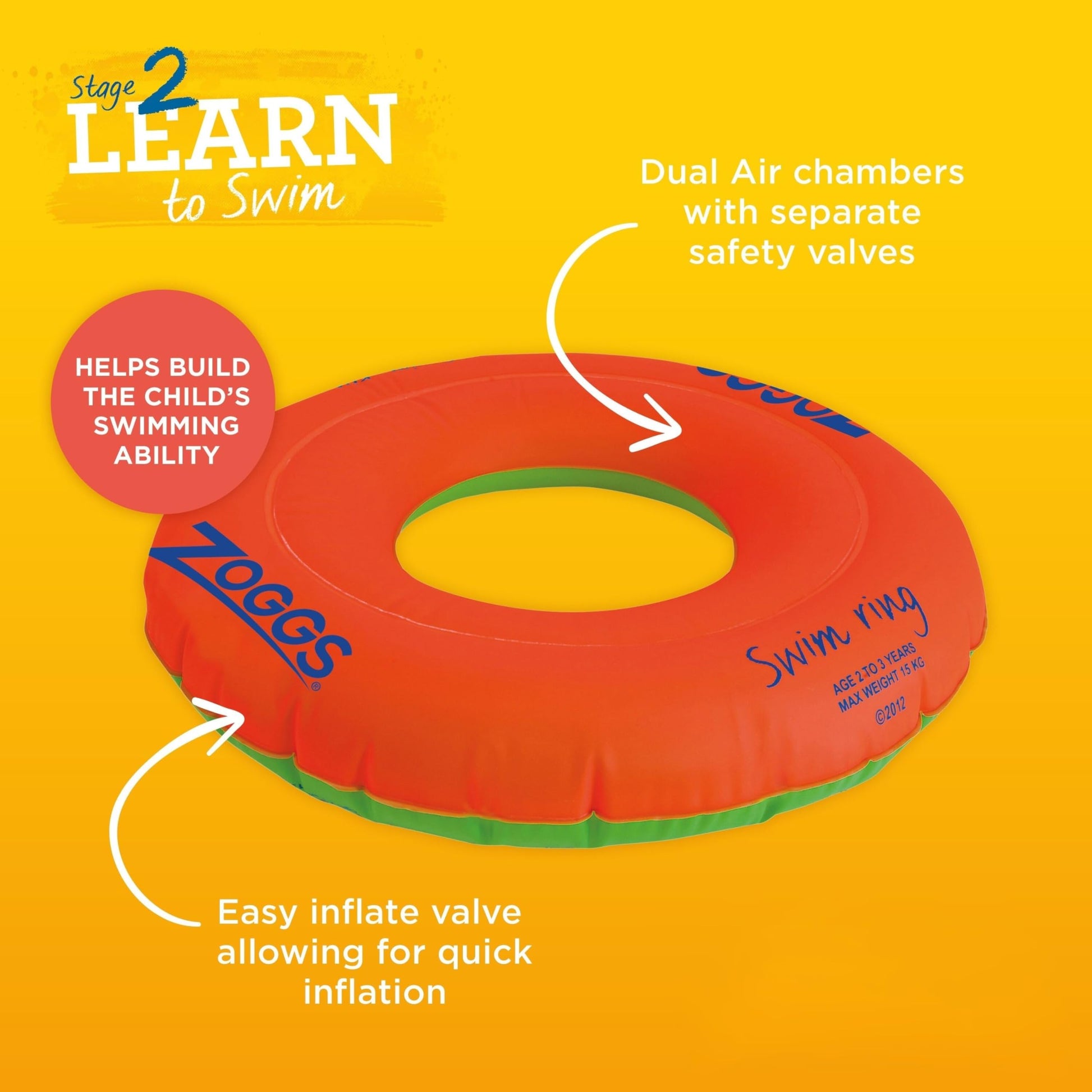 Zoggs Kids Swim Ring, Pool Float, Orange, 2-3 Years