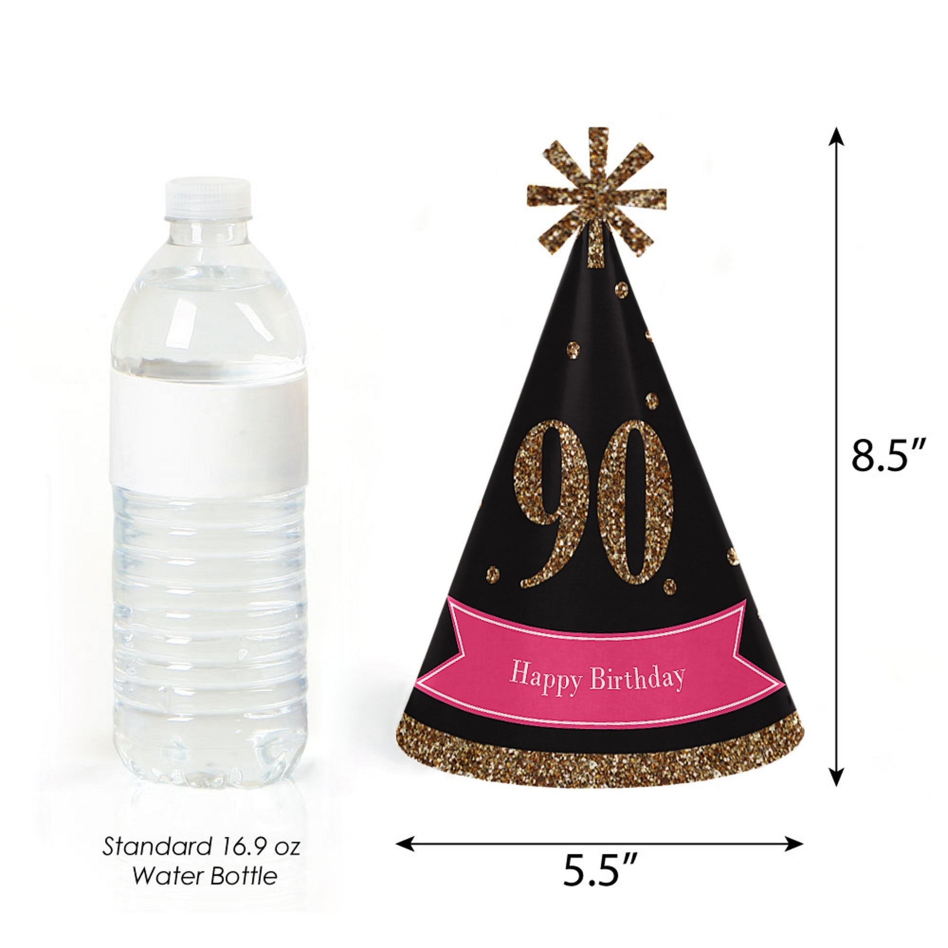 Big Dot of Happiness Chic 90th Birthday - Pink, Black and Gold - Cone Happy Birthday Party Hats for Adults - Set of 8 (Standard Size)