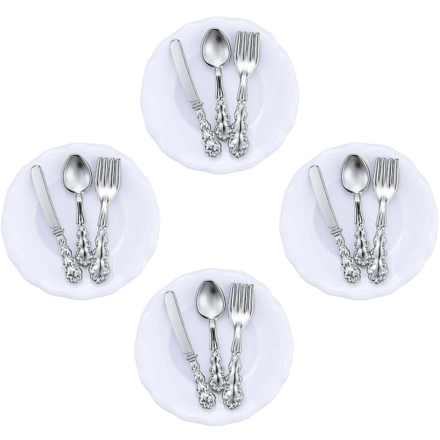 4Sets Kitchen & Dining Theme Miniature Dish Set - 1:12 Scale Plates,Spoons,Knife & Fork,Realistic Porcelain Tableware for Dollhouse,Miniature Dinner