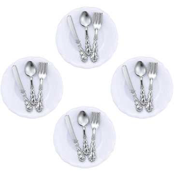 4Sets Kitchen & Dining Theme Miniature Dish Set - 1:12 Scale Plates,Spoons,Knife & Fork,Realistic Porcelain Tableware for Dollhouse,Miniature Dinner