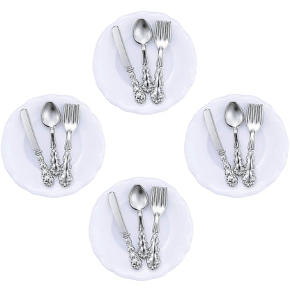 4Sets Kitchen & Dining Theme Miniature Dish Set - 1:12 Scale Plates,Spoons,Knife & Fork,Realistic Porcelain Tableware for Dollhouse,Miniature Dinner
