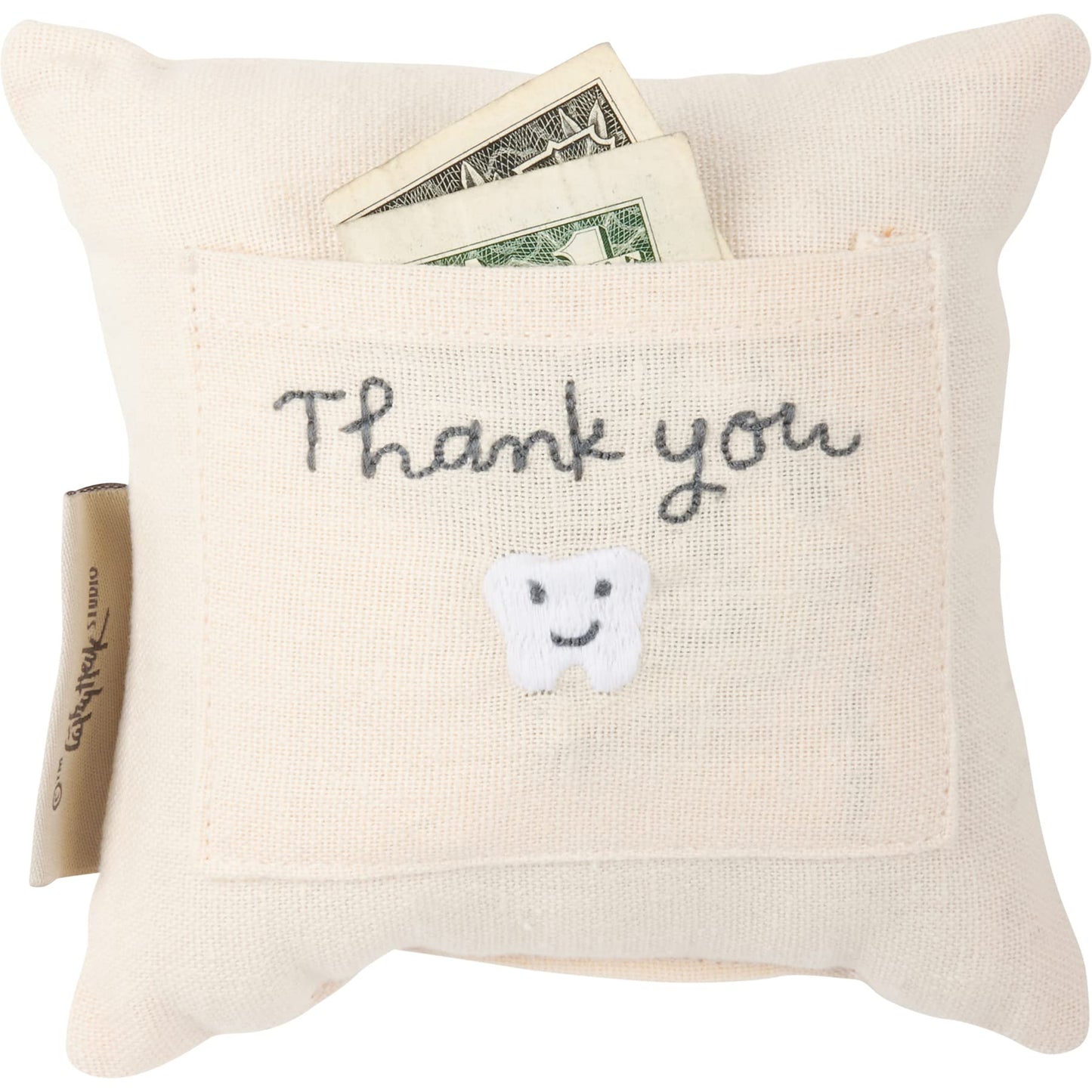 Primitives by Kathy Tooth Fairy Pillow, 5x5-Inch Cotton Linen Keepsake with Back Storage Pocket, Embroidered Bright Rainbow Design