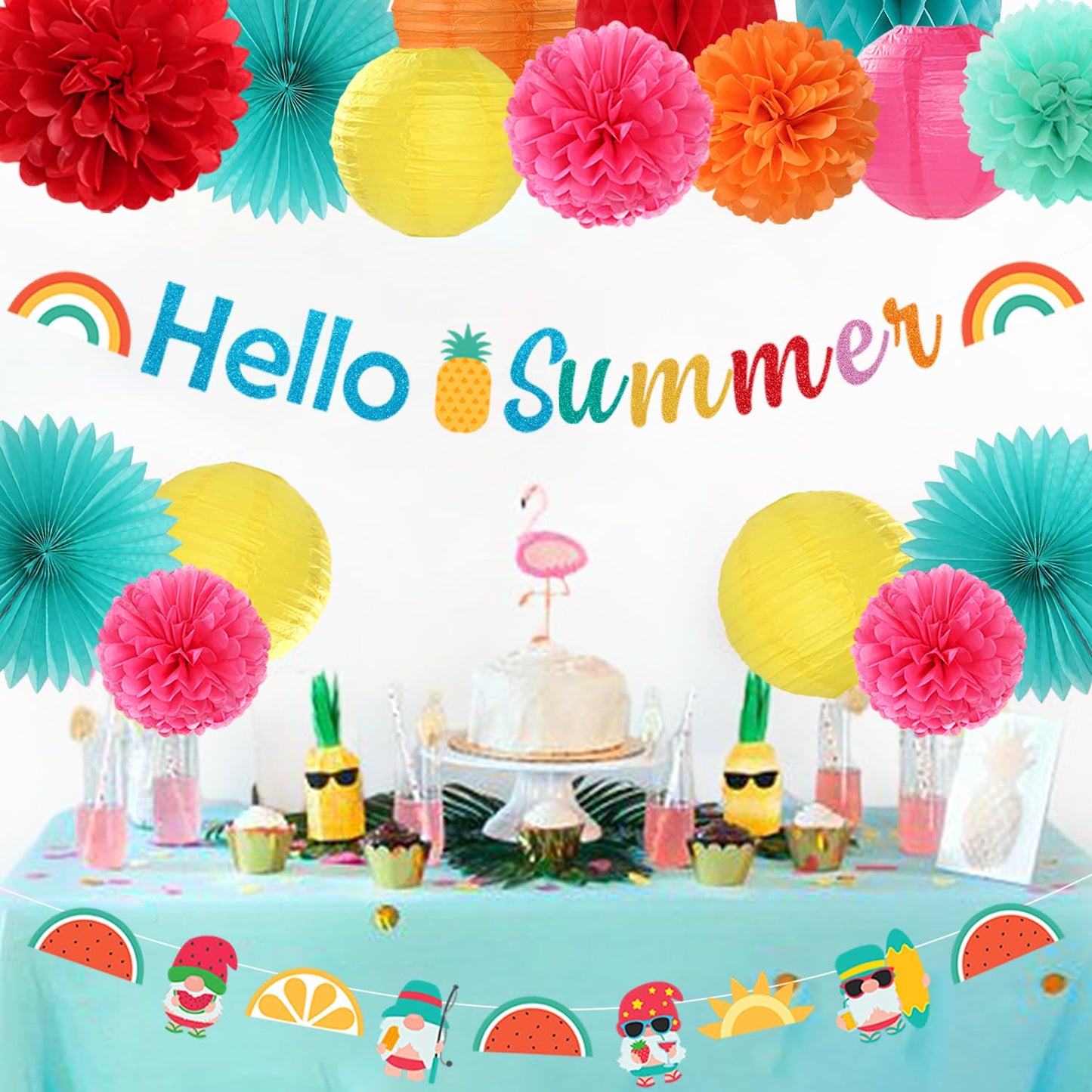 Summer Luau Hawaiian-Beach Party-Decorations Supplies - 21pcs Hello Banner,Pool Paper Lanterns Honeycomb,Hanging Streamers Garland,Tissue Pom Poms