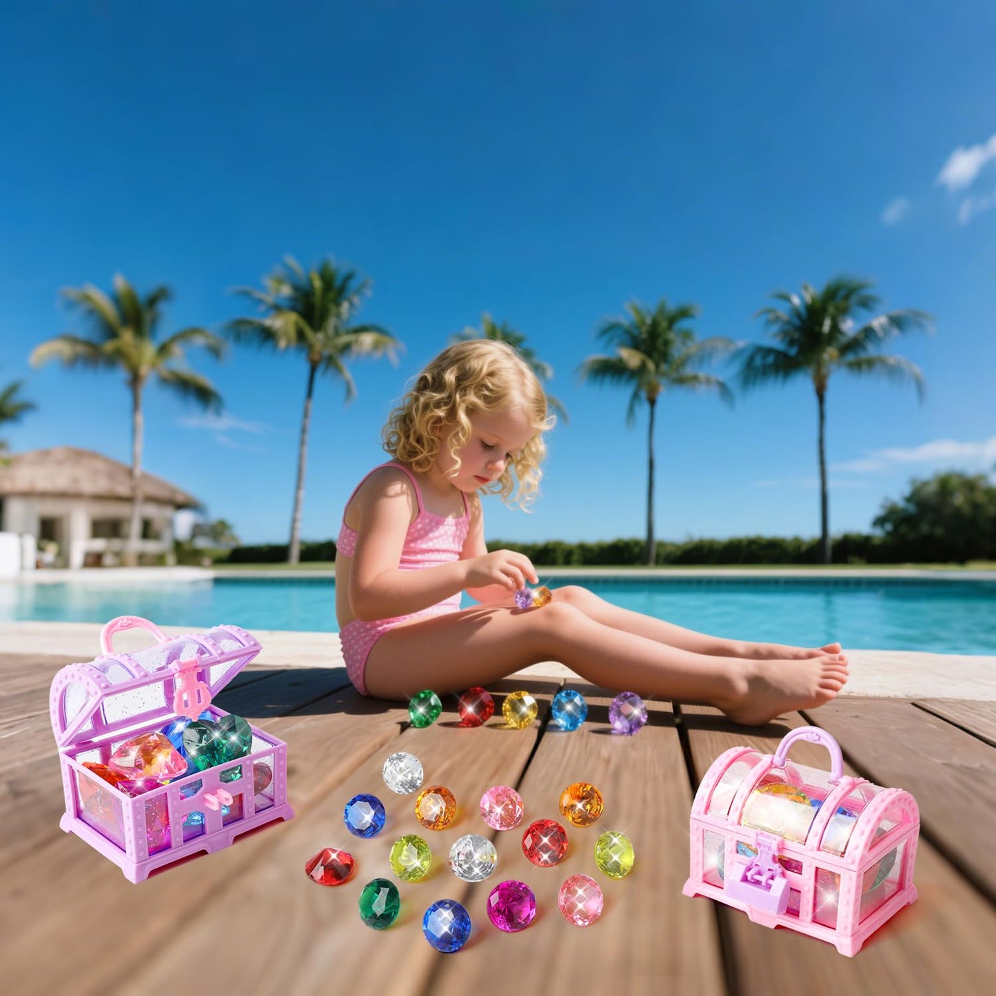 18PCS Diving Gems Pool Toys, Treasure Pirate and Big Colorful Acrylic Diamond Jewels, Diving Underwater Swimming Gift Toys for Kids.