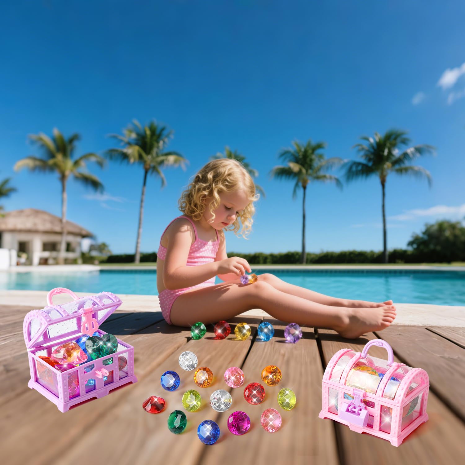18PCS Diving Gems Pool Toys, Treasure Pirate and Big Colorful Acrylic Diamond Jewels, Diving Underwater Swimming Gift Toys for Kids.