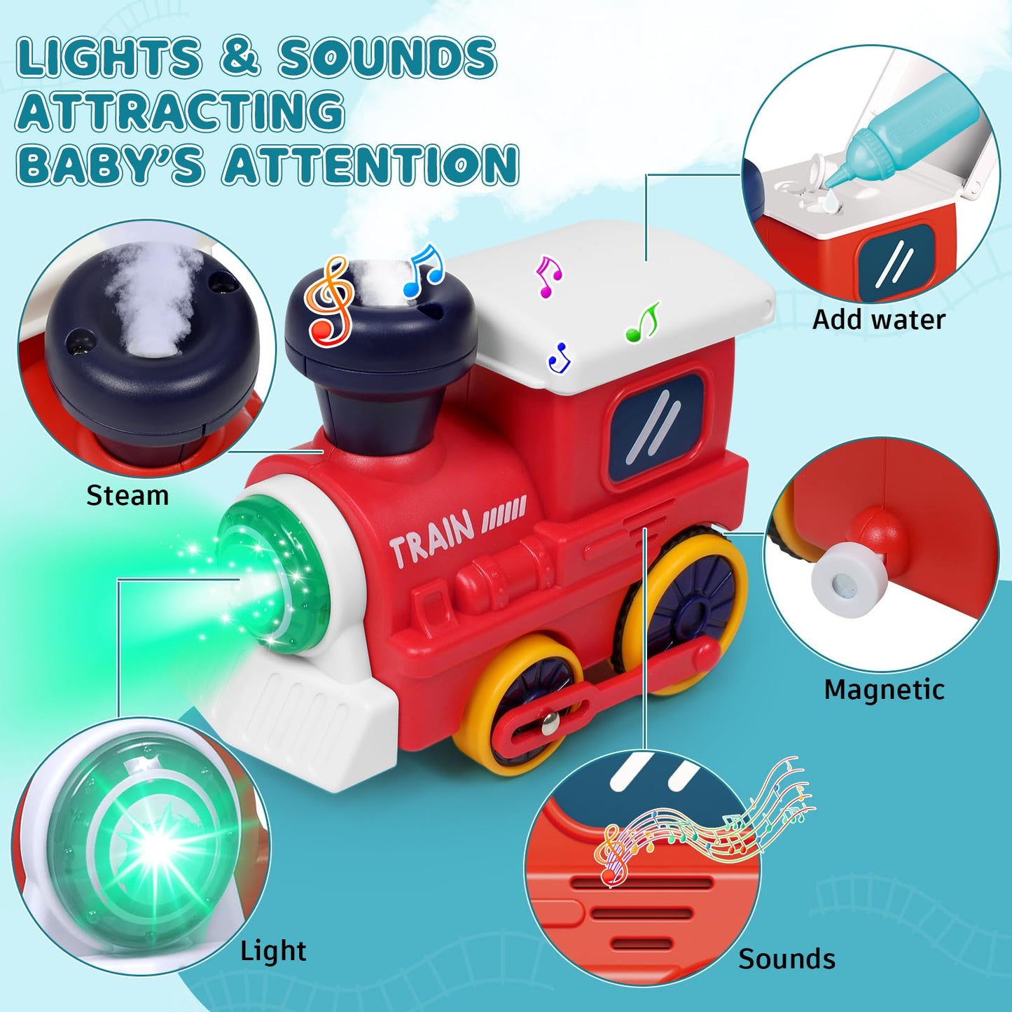 Electric Train Set for Toddlers 3-5 4-8 with Train Tracks Set Lights Up Steam Sign Realistic Music Sound Magnetic Train Connection Toys Birthday 3 4 5