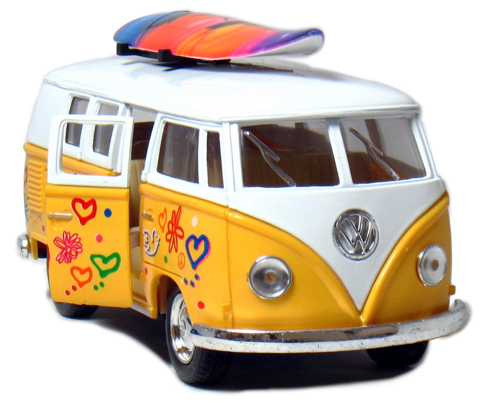 KiNSMART 1962 Volkswagen Classic Bus 1:32 Scale 5" Die Cast Metal Model Toy Van Pullback Acation (4 Set Surfboard Flower Power)