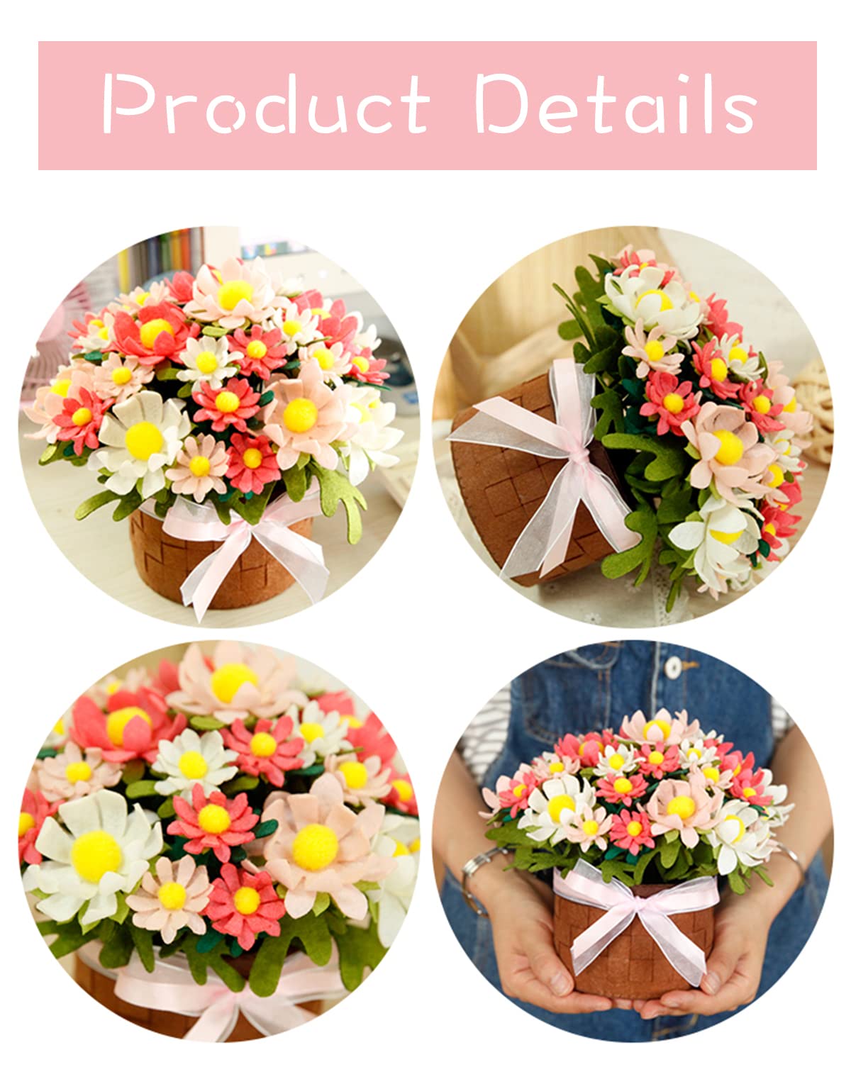 BAZIMA DIY Felt Flower Art Craft Kit, DIY Daisy Pot Bonsai Kit, 33 Daisies, Floral Gifts, Beginner Craft Kit, Arrange Pre-Cut Flowers and Foliage