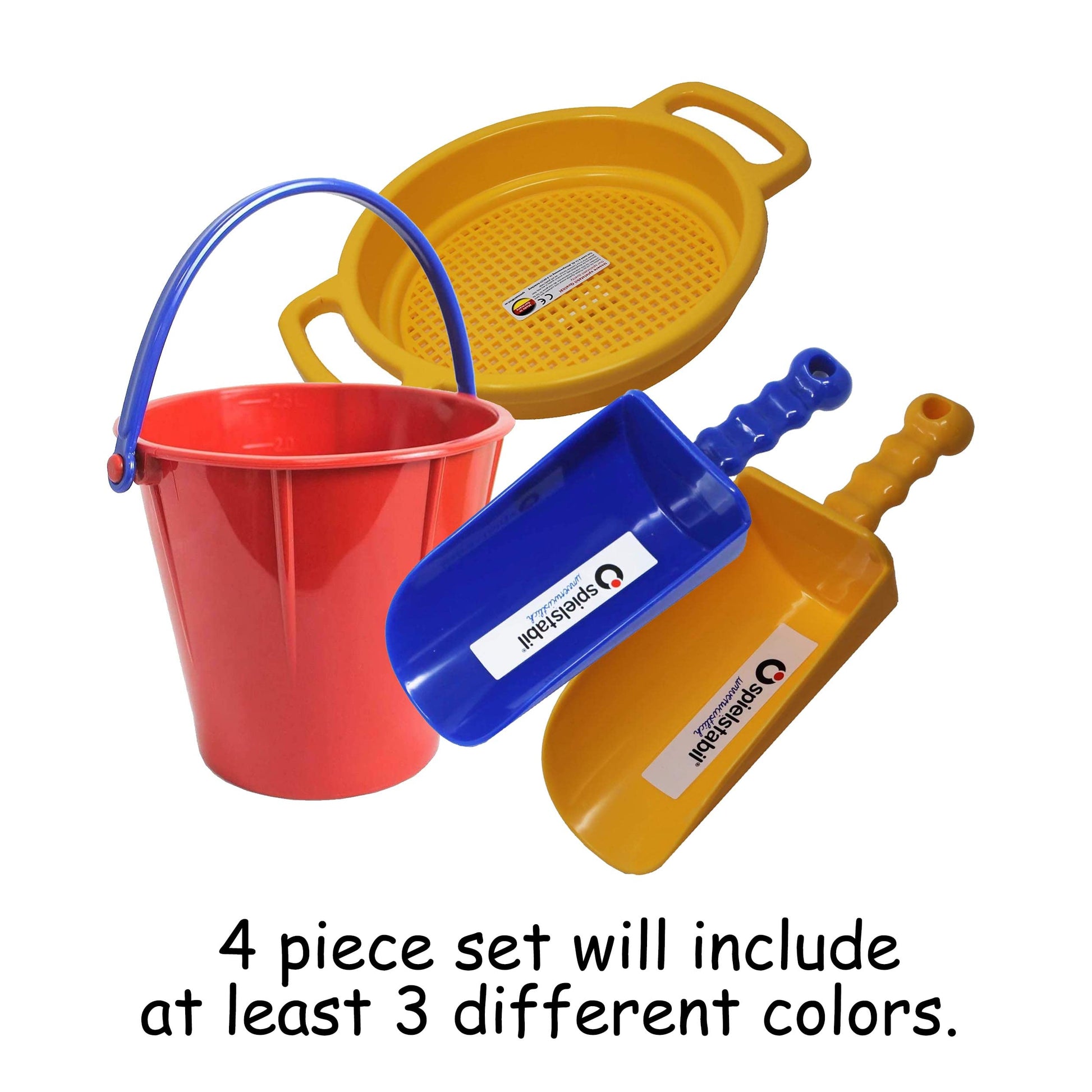 Spielstabil Large Sand Toys Bundle for Kids - Heavy Duty Sandbox Toys with Large Pail, Sieve, and 2 Scoops, Kids Summer Toys for Beach, Colors Vary