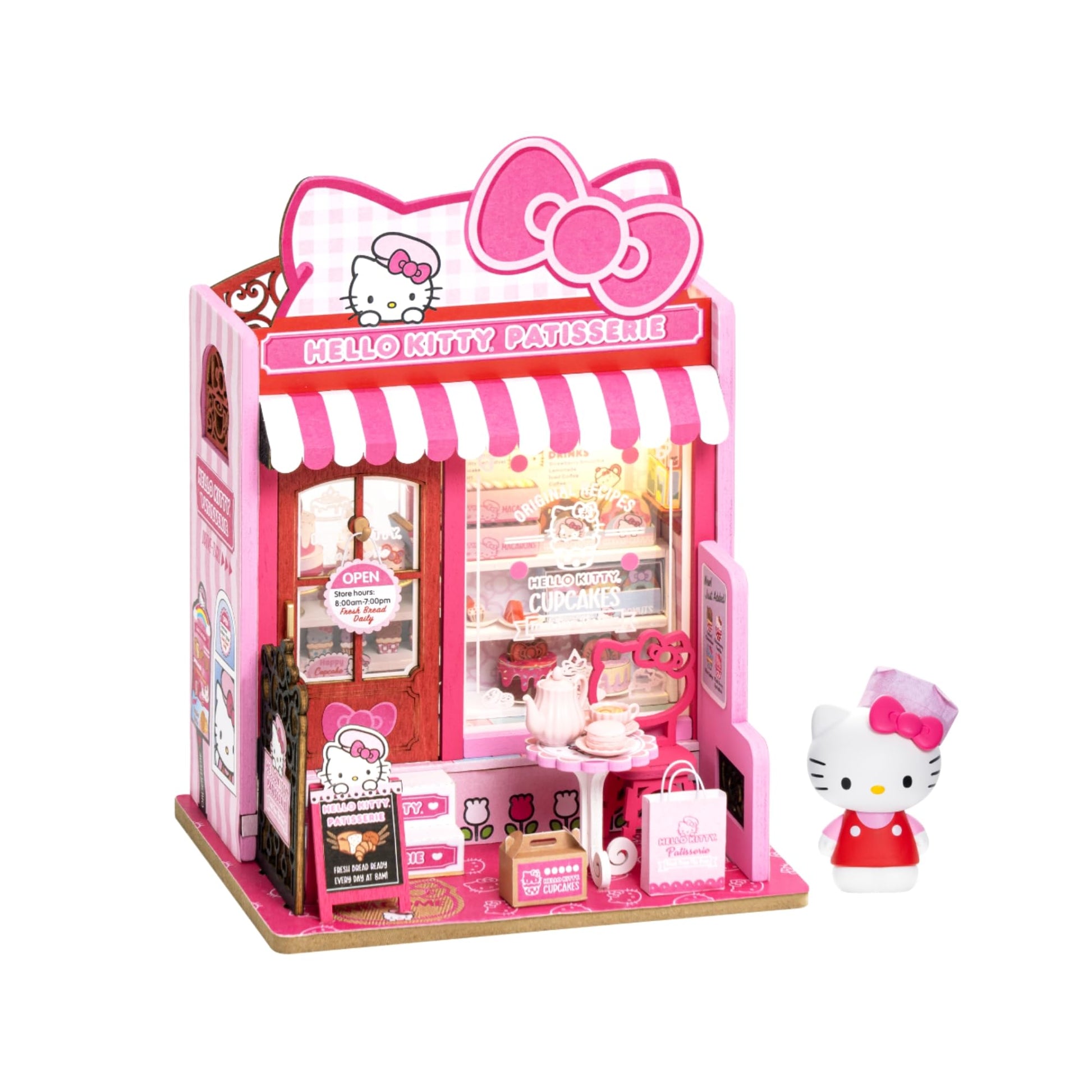 Hands Craft Hello Kitty Patisserie Miniature House Kit with Hello Kitty Figurine - Kawaii 3D Puzzle with Switch Activated LED Lights - DIY Wooden
