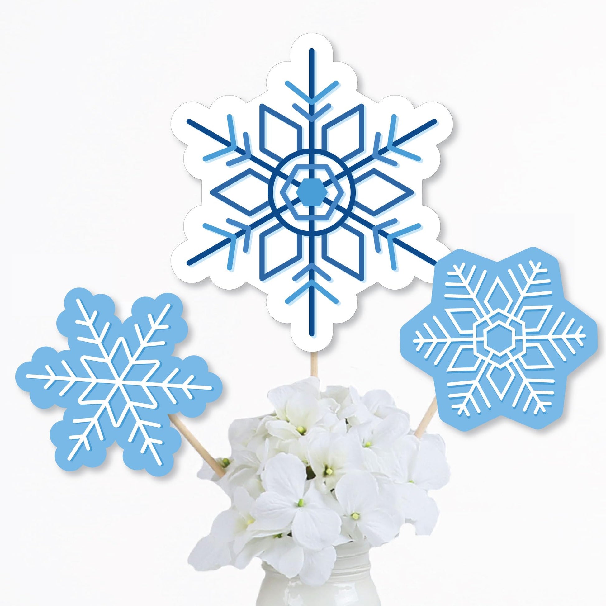 Big Dot of Happiness Blue Snowflakes - Winter Holiday Party Centerpiece Sticks - Table Toppers - Set of 15
