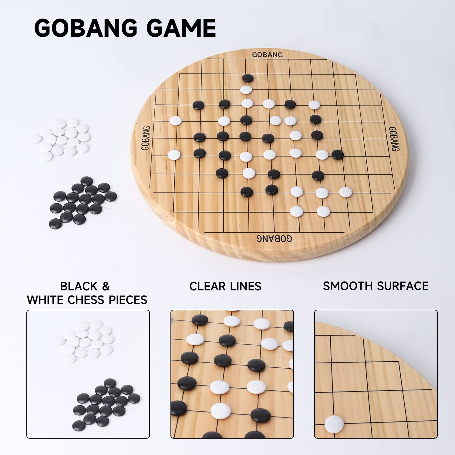 GSE Games & Sports Expert 11.5" Natural Wood 2-in-1 Chinese Checkers and Gobang Board Game Set with 66 Colorful Wooden Pegs and Stones, Classic