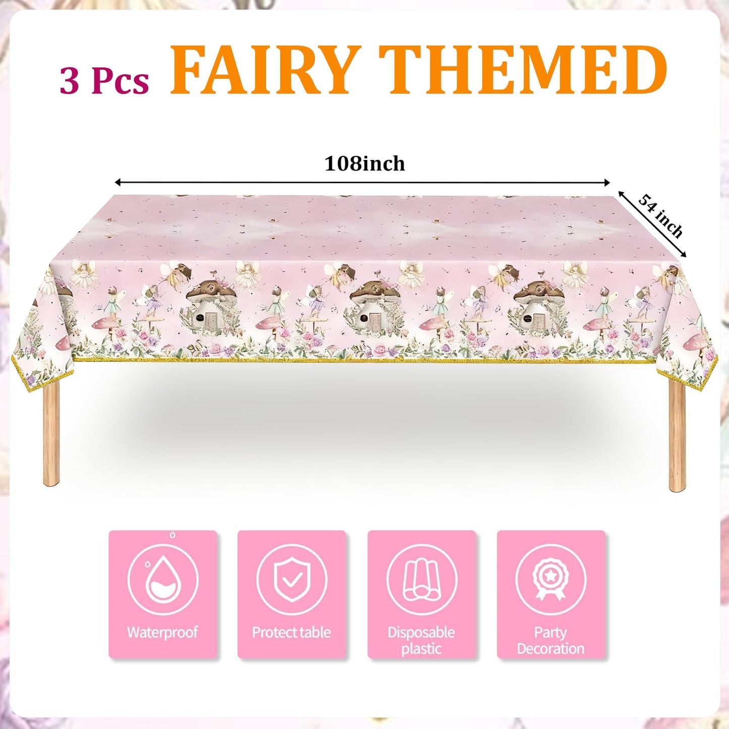 Bphweulko 3pcs Fairy Party Tablecloths, Enchanted Floral Plastic Table Covers for 1st 2nd Birthday & Baby Shower, 54x108 Inches (Pink)