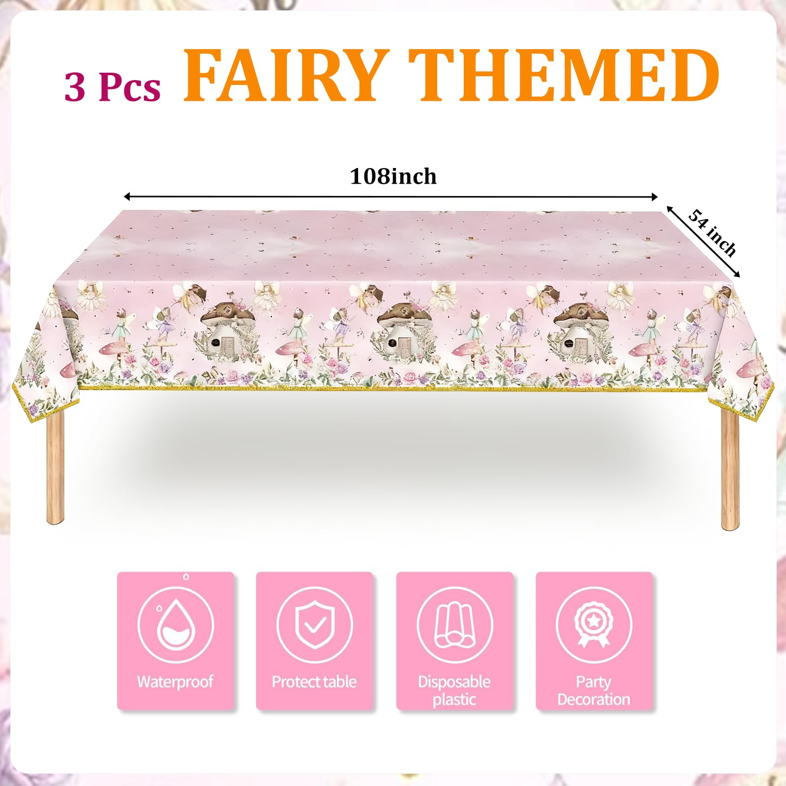 Bphweulko 3pcs Fairy Party Tablecloths, Enchanted Floral Plastic Table Covers for 1st 2nd Birthday & Baby Shower, 54x108 Inches (Pink)