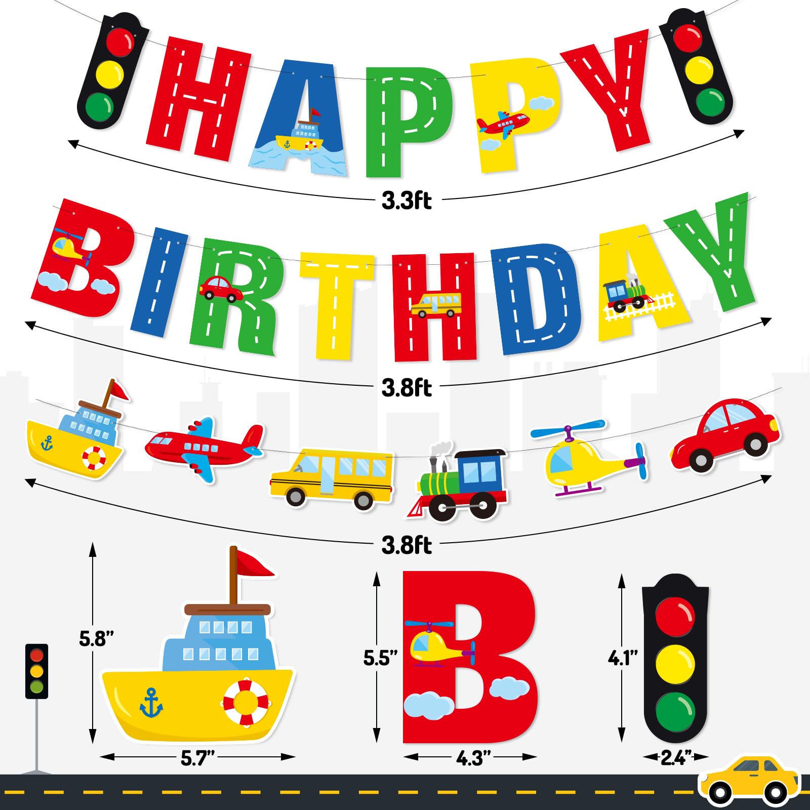 Faisichocalato Transportation Happy Birthday Banner Car Bus Train Plane Ship Helicopter Traffic Light Photo Props Garland for Kids Transportation