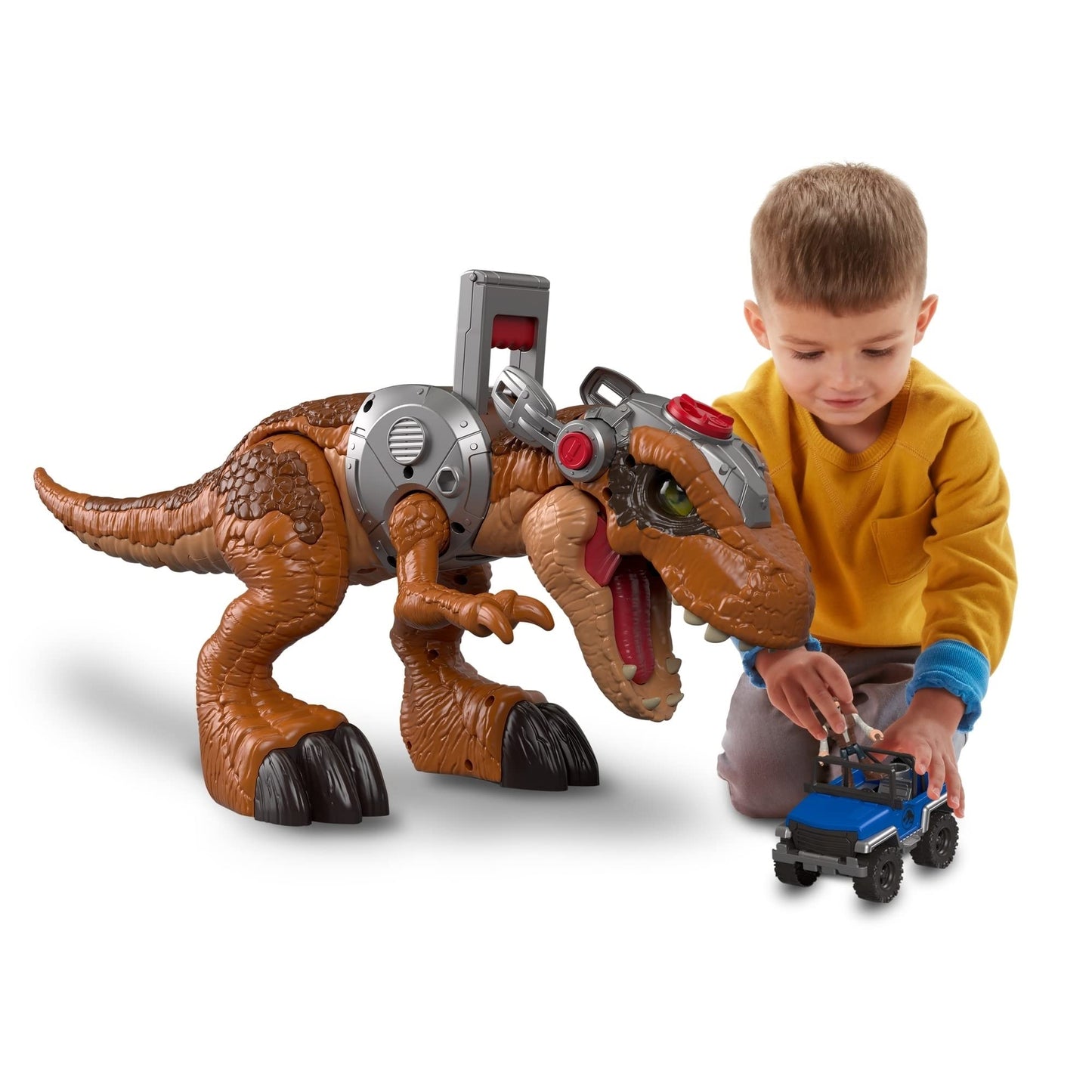 Fisher-Price Imaginext Jurassic World T. rex Dinosaur Toy with Owen Grady Figure, Light-Up Eyes & Chomping Action for Ages 3+ Years, 7-Piece Set