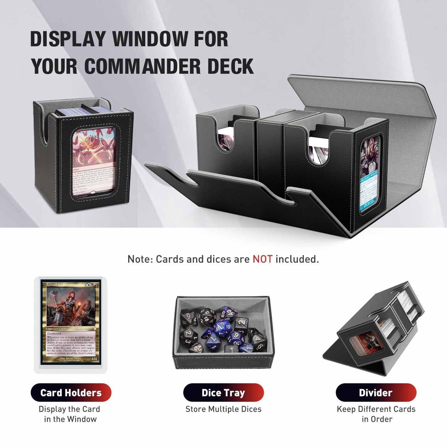 TiMOVO MTG Deck Box, Commander Deck Case Fits 200+ Double-Sleeved Cards, Magnetic Leather Card Storage Box with 2 Commander Display & 4Dividers & Dice