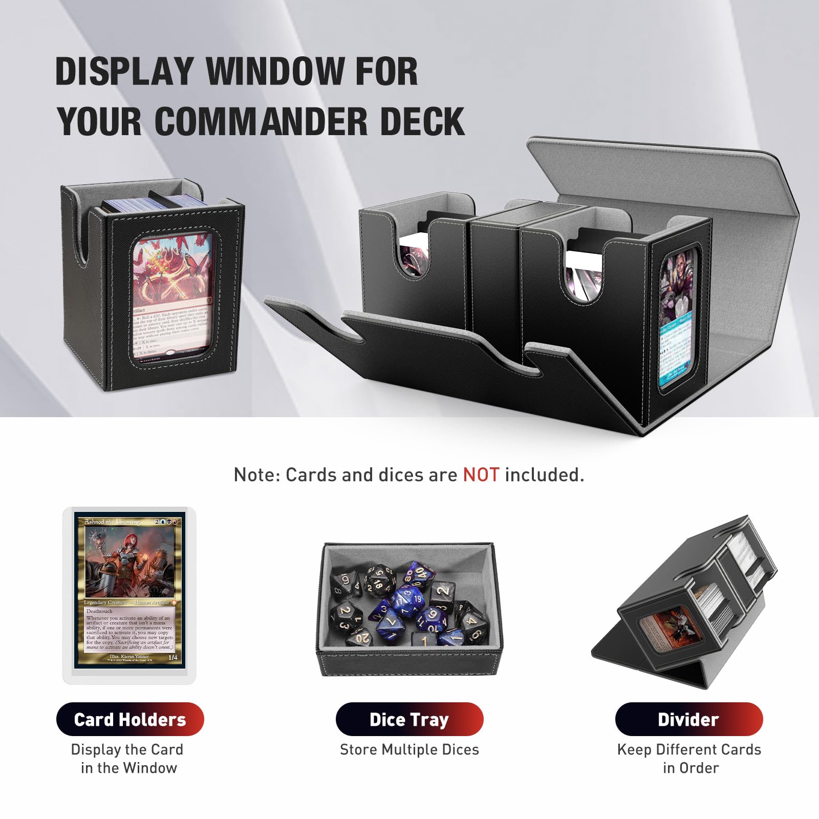 TiMOVO MTG Deck Box, Commander Deck Case Fits 200+ Double-Sleeved Cards, Magnetic Leather Card Storage Box with 2 Commander Display & 4Dividers & Dice