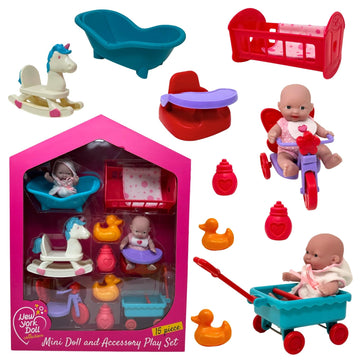 Mini Baby Doll Set, Small Baby Doll Playset with Mini Doll Accessories & 5 inch Doll Furniture, Mini Dolls for Girls, Small Dolls for Girls, Mini Baby