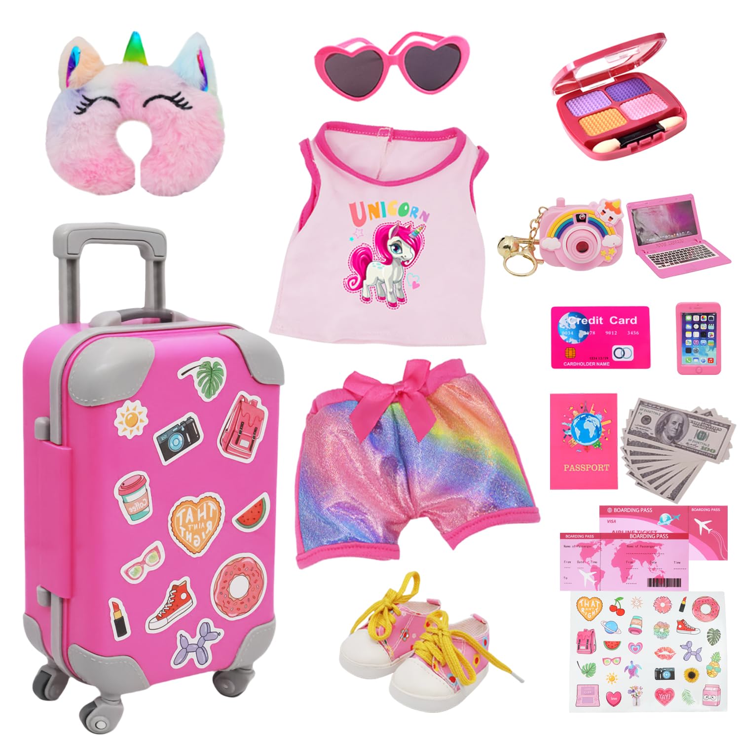 TimDtvo 18inch American Doll Clothes and Accessories, Including Travel Suitcase, Clothes, Shoes, Sunglasses, Camera, Passport, Stickers,Phone Travel