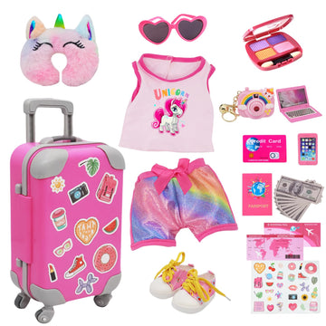 TimDtvo 18inch American Doll Clothes and Accessories, Including Travel Suitcase, Clothes, Shoes, Sunglasses, Camera, Passport, Stickers,Phone Travel