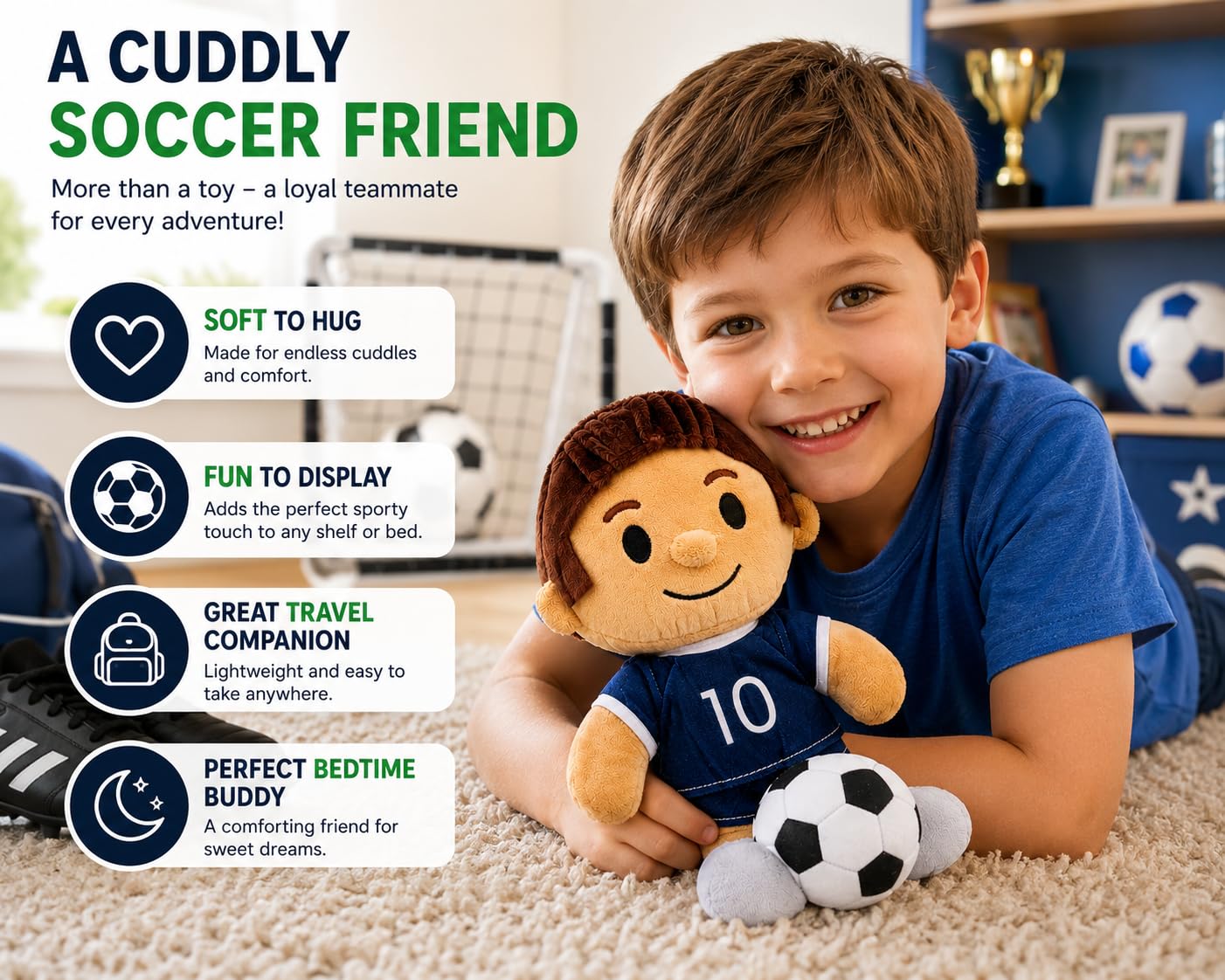 Olivia Martini Soccer Plush Toy for Kids, 10 Inch Soft Player Stuffed Animal, Cute Doll Plushie, Room Decor for Boys & Girls, Gift for Soccer Players