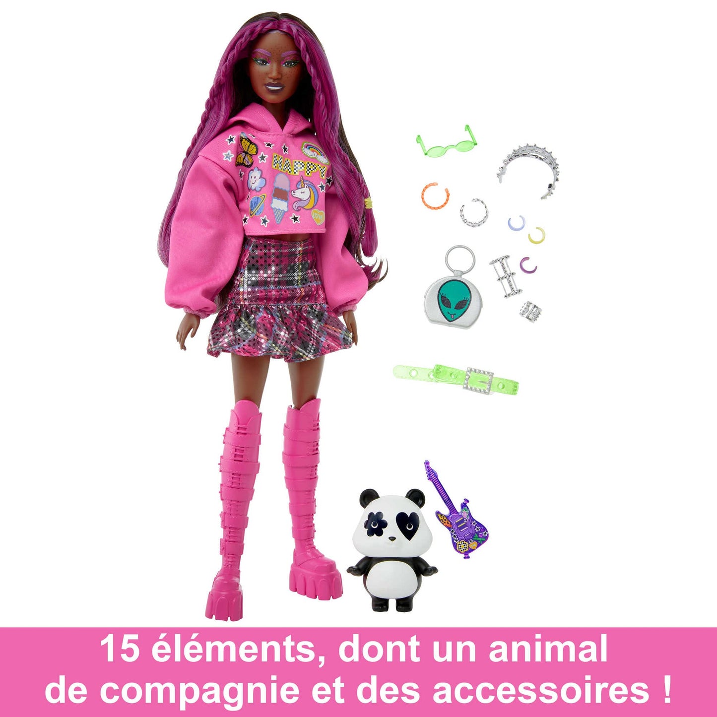 Barbie Extra Doll & Accessories with Pink-Streaked Brunette Hair in Graphic Hoodie & Plaid Skirt with Pet Panda