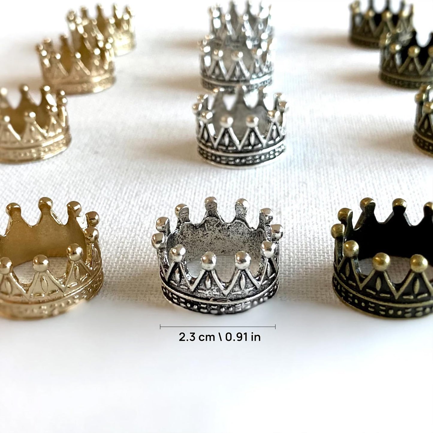 4Pcs Miniature Metal Crowns Set (0.49" H), Intricate Regal Tiaras in Antique Bronze, Gold, or Silver Finish for Collector Dollhouse Royalty & Fantasy