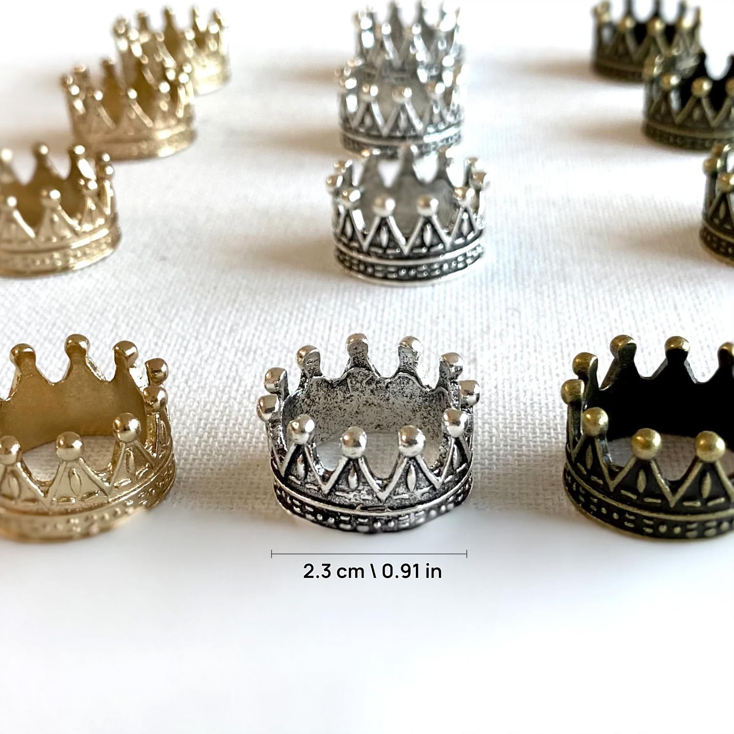 4Pcs Miniature Metal Crowns Set (0.49" H), Intricate Regal Tiaras in Antique Bronze, Gold, or Silver Finish for Collector Dollhouse Royalty & Fantasy